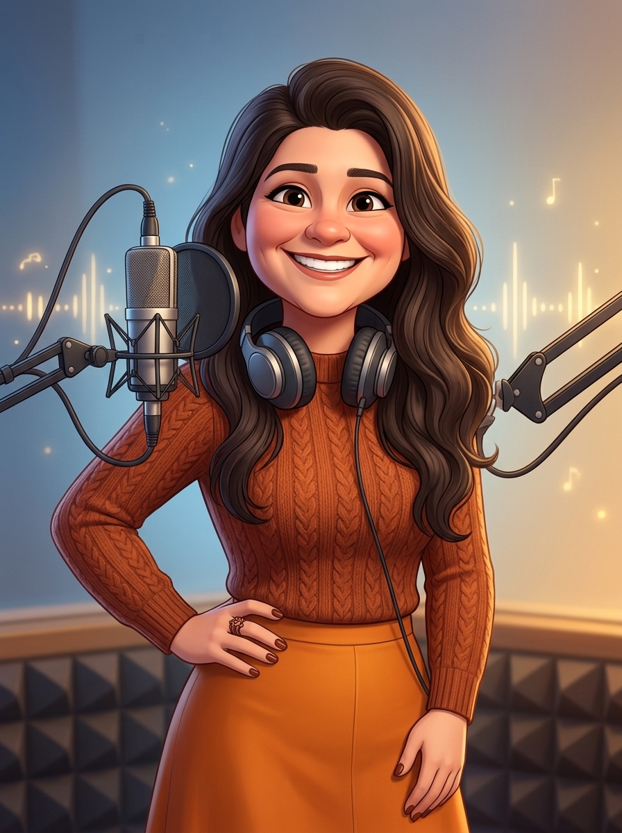 Caricatura cartoon de Patricia ReAl — locutora publicitária